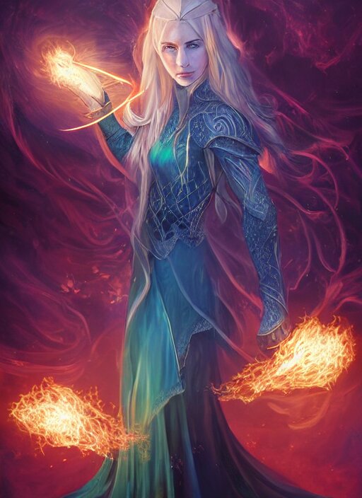 in the style of throne of glass book cover, whole body portrait of a young adult female magician casting a spell with fireballs in her hands, blue and green magic lights aura, a portal with elvish symbology opened, d & d, fantasy, highly detailed, digital art, trending on artstation, smooth, sharp focus, illustration, art by artgerm and hirokazu yokohara, greg rutkowski 