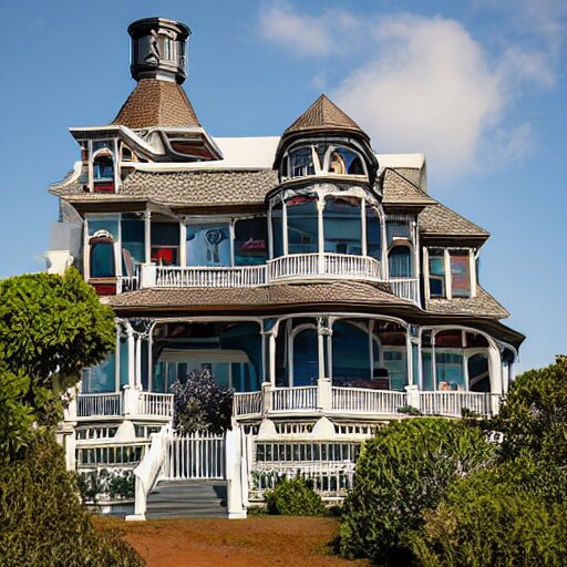 a victorian style 2 story house on top of a hill surrounded by an ocean full of sharks 