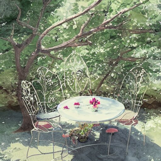 delicate starship, chairs, garden, paved, botanic watercolors, iridescent, 8 k, realistic shaded, fine details, artstation, italian, iron gate, tree, mediterranean, marvelous 