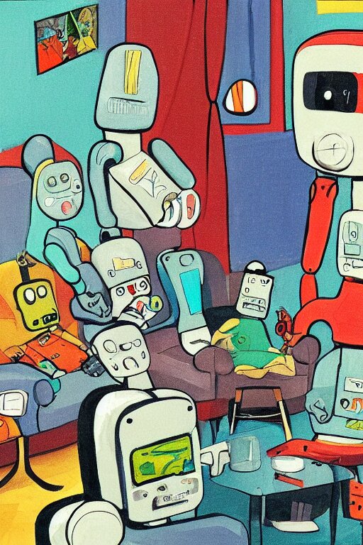 children's book illustration of robots watching tv by margret rey 