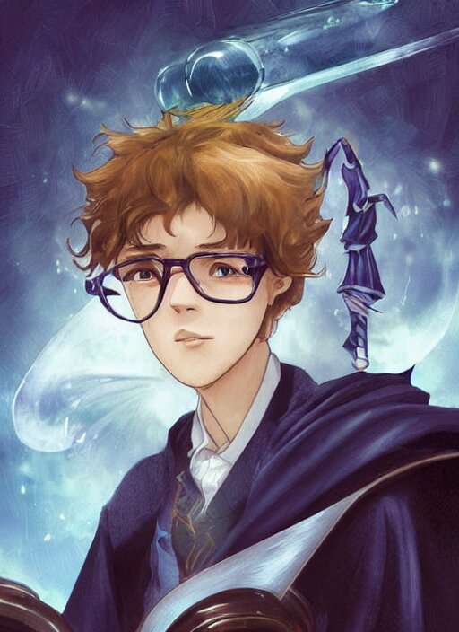 digital art, sharp focus, close - up, character portrait, a seventeen years old male!! ravenclaw wizard black, slightly wavy hair, wearing browline!! glasses!!! with a potion bottle!!!, blue shiny lighting, beautiful fantasy art, film still, masterpiece, award winning, symmetry, by artgerm and hayao miyazaki, by rutkowsky, by alphonse mucha, artstation, hq, trending on artstation 