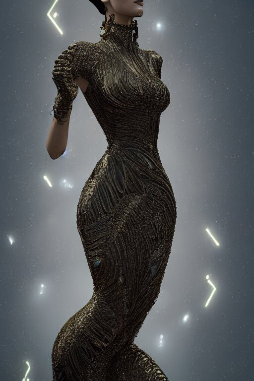 a highly detailed 3 d render painting of a beautiful alien goddess bella hadid in iris van herpen dress schiaparelli in diamonds in style of alphonse mucha trending on artstation made in unreal engine 4 