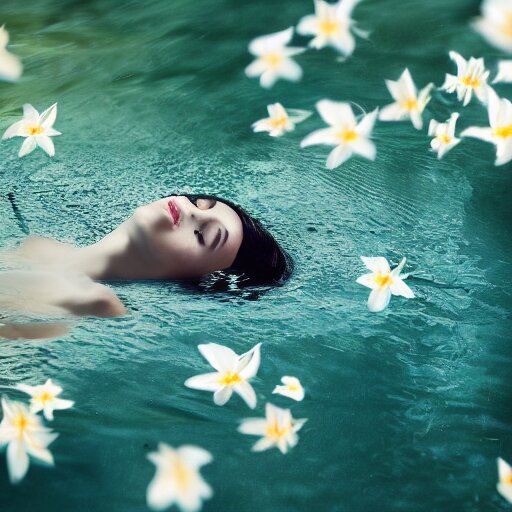 pale face lying under the water, water lilys, cinematic, shallow depth of field, atmospheric, ultra high detail, somber colors, close up of face, trending on artstation 