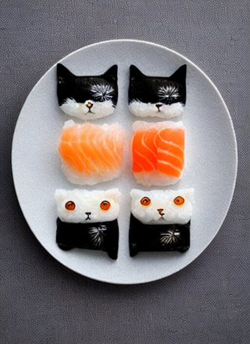 clear surrealist painting of adorable cats made from sushi rice, sitting on sushi plates with garnish 