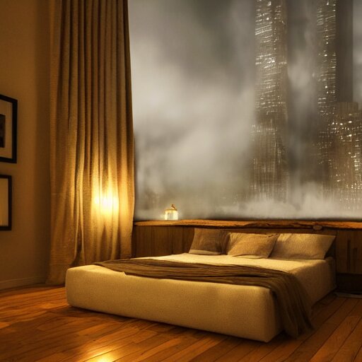 cozy rustic bedroom with a night view of new york in heavy mist, highly detailed, artstation, concept art 