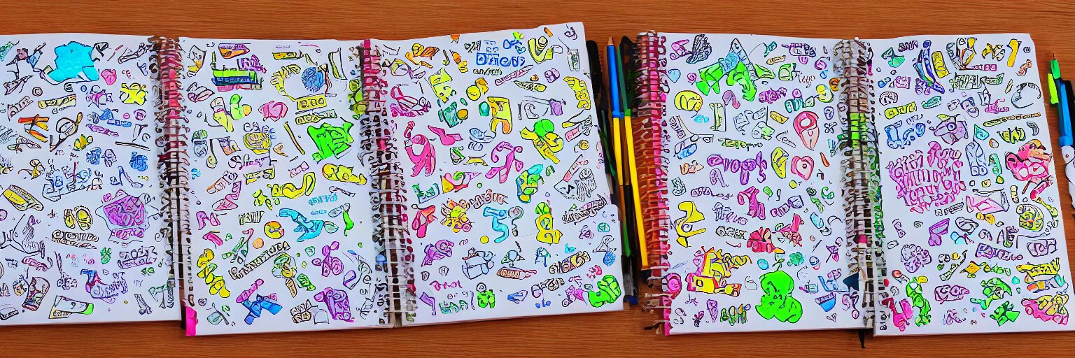 a school notebook covered in doodles, stickers, glitter, and holographic stickers