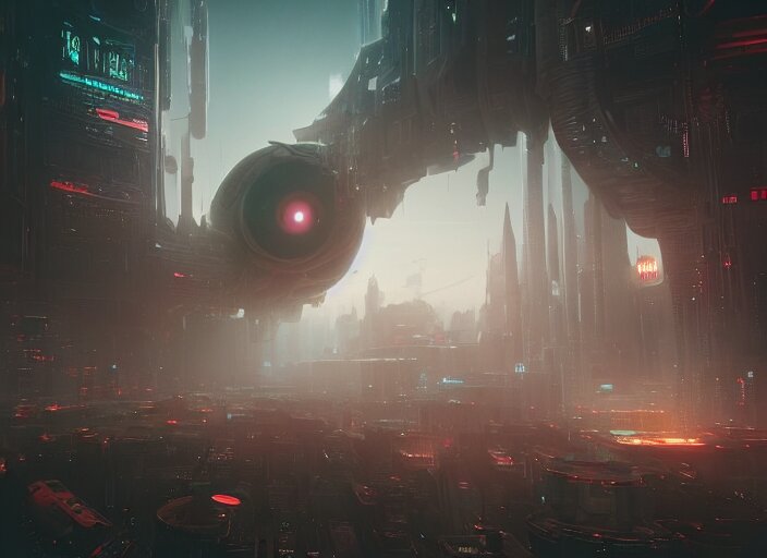 a futuristic city with a giant lovecraftian cthulu eye in the center, cyberpunk art by neil blevins, cgsociety, fantasy art, dystopian art, cryengine, redshift vibes 