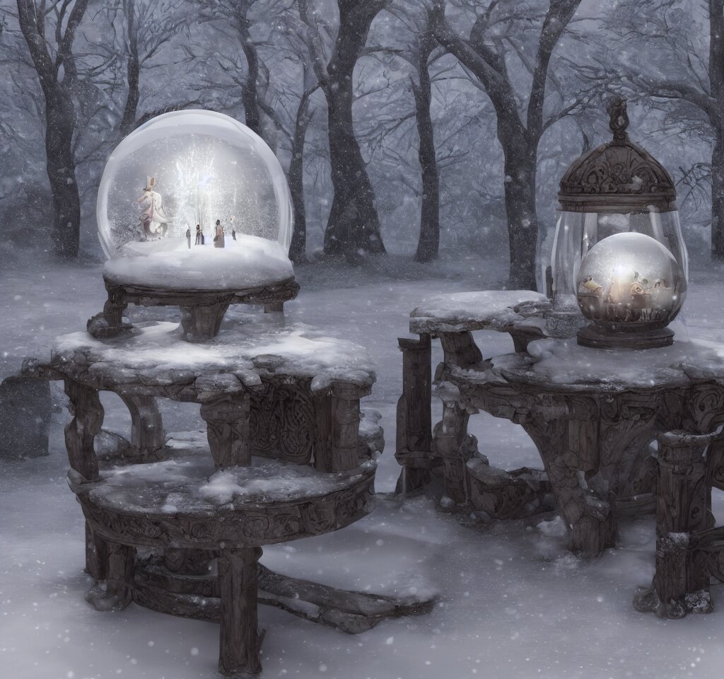 a snow globe on a table with a goth castle inside, cgsociety, snow, dreamy, volumetric light, 3 d render, artstation, hyperdetailed, dramatic, epic painting, 8 k, sharpness 