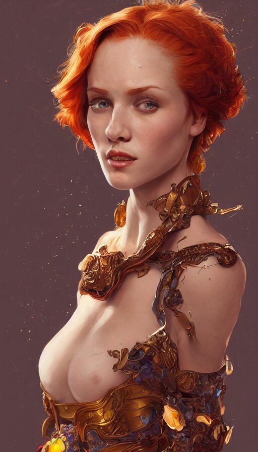 cheaky ginger, confident, bold, passionate , seductive, expressive, charismatic, very sweaty, intricate fashion clothing, insane, intricate, highly detailed, digital painting, artstation, concept art, smooth, sharp focus, illustration, Unreal Engine 5, 8K, art by artgerm and greg rutkowski and alphonse mucha