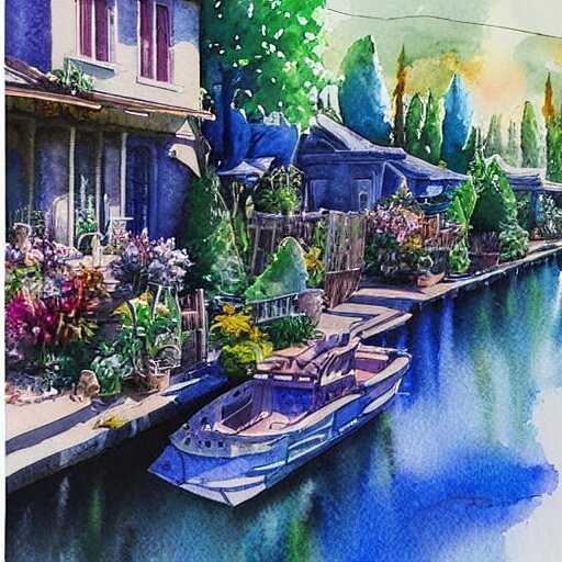 Beautiful happy picturesque charming sci-fi town in harmony with nature. Beautiful light. Water and plants. Nice colour scheme, soft warm colour. Beautiful detailed watercolor by Vincent. (2022)