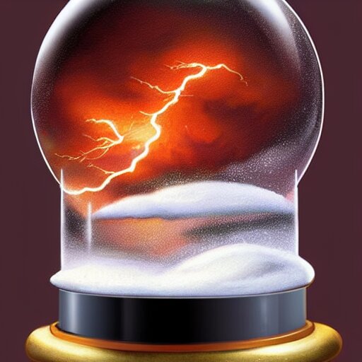 a snow globe with a lightning storm inside. Atmospheric, beautiful oil painting trending on artstation. Rich colors, dramatic lighting