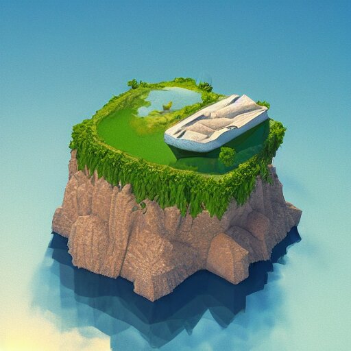 a floating island on an aquatic environment isometric art, lago de sorapis landscape, low poly art, game art, artstation, 3D render, high detail, cgsociety, octane render