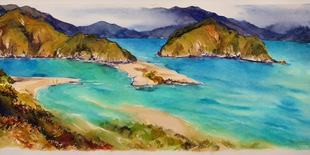 golden bay new zealand, abel tasman, colorful watercolor painting, trending on artstation