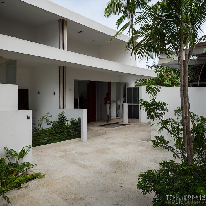 wide angle exterior shot of an modernist town house on a quiet street in lagos, tropical african architecture with sun shading and pergolas, contemporary architecture, cosmopolitan design, architectural magazine feature, architectural photography, canon eos r 3, telephoto lens, sigma 5 0 0 mm f / 5, iso 2 0 0, 1 / 1 6 0 s, 8 k, raw, unedited, in - frame 