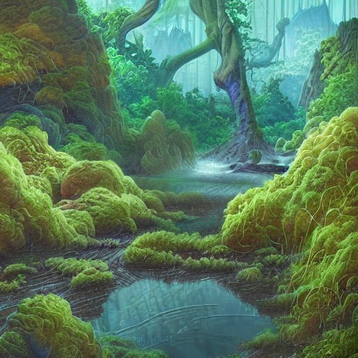 digital painting of a lush wet natural scene on an alien planet by gerald brom. digital render. detailed. beautiful landscape. colourful weird vegetation. 