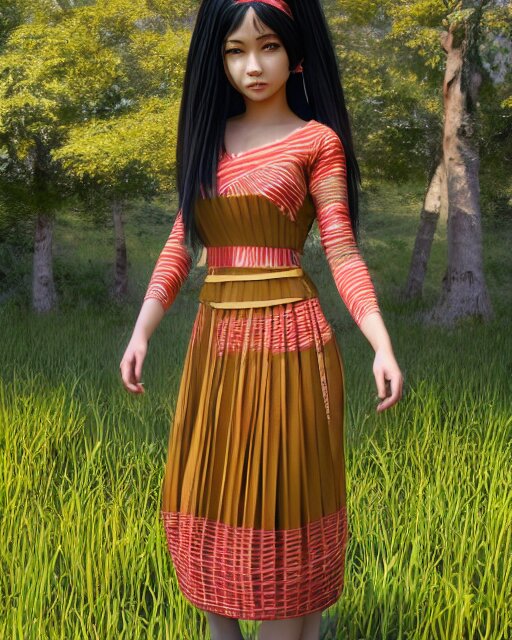 render as a very beautiful daz 3d anime aiko girl, wearing assamese bihu mekhela sador gamosa dress, long braided black hair, hazel eyes, full round face, short smile, assam tea garden setting, cinematic lighting, medium shot, mid-shot, highly detailed, trending on Artstation, Unreal Engine 4k, daz studio genesis iray ultra hd, cinematic wallpaper by Stanley Artgerm Lau, anime masterpiece,