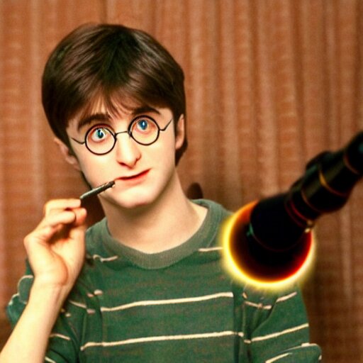 harry potter smoking a bong while sitting on a couch with a lava lamp next to him 