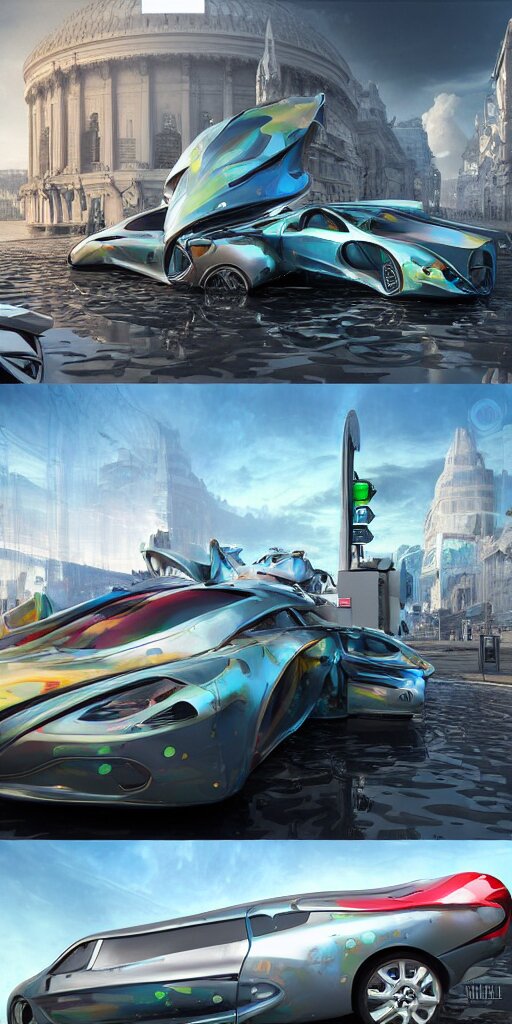 sci-fi 3d organic car and wall structure car, in the coronation of napoleon painting, and digital billboard in the middle. octane render pinterest, keyshot product render, water reflections gloss shiny in luquid