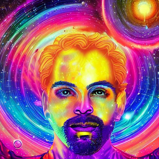 A man's soul becoming one with the galaxy by lisa frank, space, vibrant, colorful, digital art, peaceful, dmt, psychedelic,