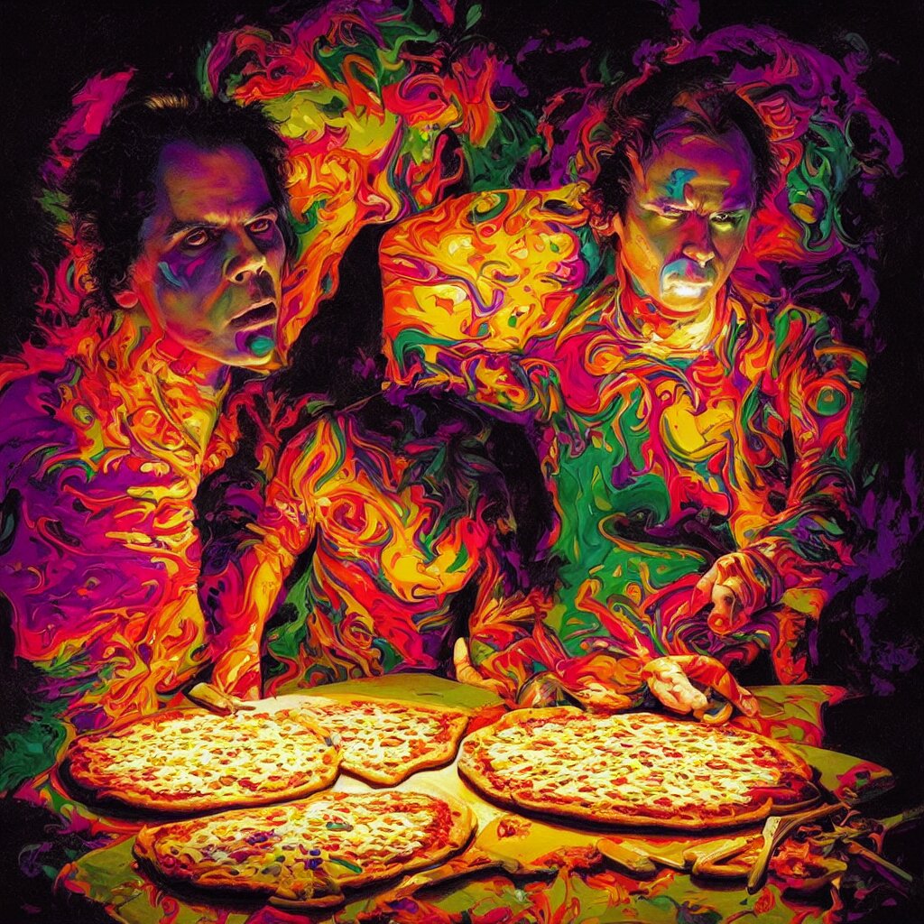 bright psychedelic portrait of_nick_cave_baking_a_pizza, diffuse lighting, fantasy, intricate, elegant, highly detailed, lifelike, photorealistic, digital painting, artstation, illustration, concept art, smooth, sharp focus, art by John Collier and Albert Aublet and Krenz Cushart and Artem Demura and Alphonse Mucha