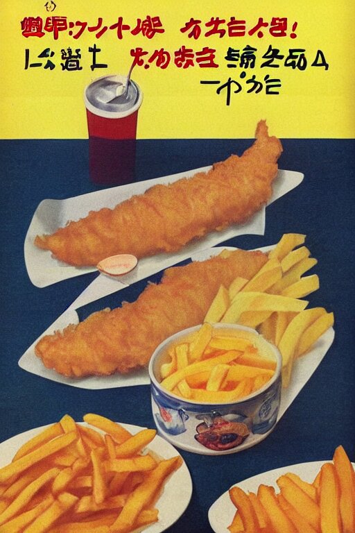 fish and chips advertisment, still life, 1 9 7 0 s japan shouwa advertisement, print, nostalgic 