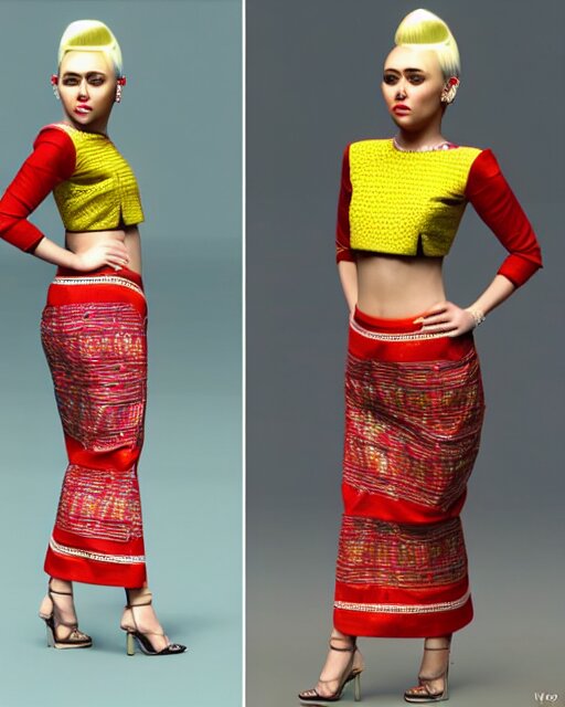 a beautiful cute miley cyrus wearing modern stylish costume in the style of Assamese bihu mekhela sador gamosa design, commercial fashion design art by WLOP, face by artgerm and daz3d genesis iray, cinematic lighting, medium shot, mid-shot, slim female figure ramp walk model pose, highly detailed, trending on Artstation, Unreal Engine 4k, cinema 4d multi-pass ray traced, 8k fabric texture details, octane render, diffused natural skin glow