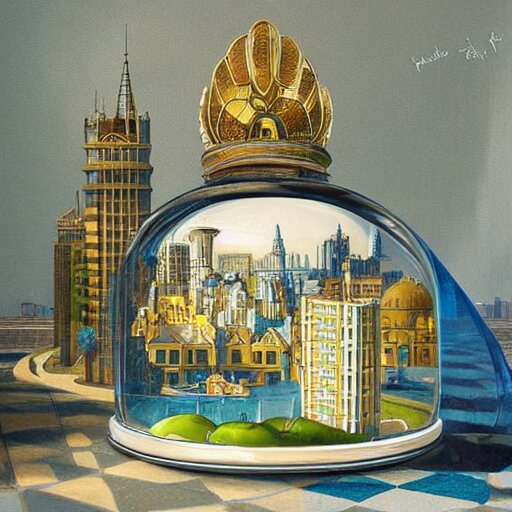 still life painting of a miniature tabletop art deco city under a glass dome, by paulette tavormina and clara peeters and vermeer, cool color - scheme with blues and greens, hyper realistic, detailed, beautiful lighting 