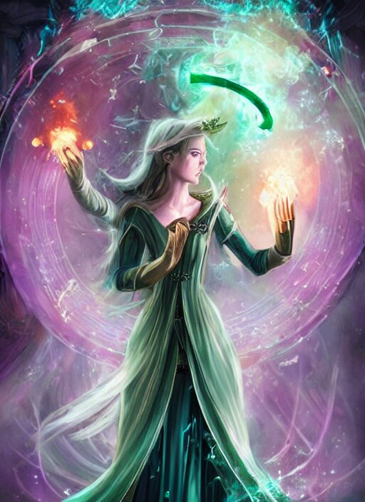 in the style of throne of glass book cover, female magician casting a spell with fireballs in her hands, blue and green magic lights aura, a portal with elvish symbology opened, d & d, fantasy, highly detailed, digital art, trending on artstation, smooth, sharp focus, illustration, art by artgerm and hirokazu yokohara, greg rutkowski, alfonse mucha 