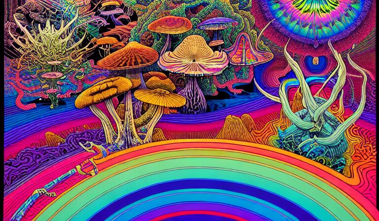 an expansive rendering of beautiful and complex oneness of all things by dan mumford, by jim fitzpatrick, by joe wilson, by jim burns, by victo ngai, by jacek yerka, surrounded with colorful magic mushrooms and rainbowcolored marihuana leaves, insanely integrate, featured on deviant art, trending on artstation 