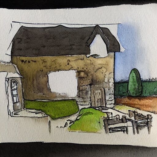 a watercolor and ink painting of a cottage, drawn on white parchment paper 