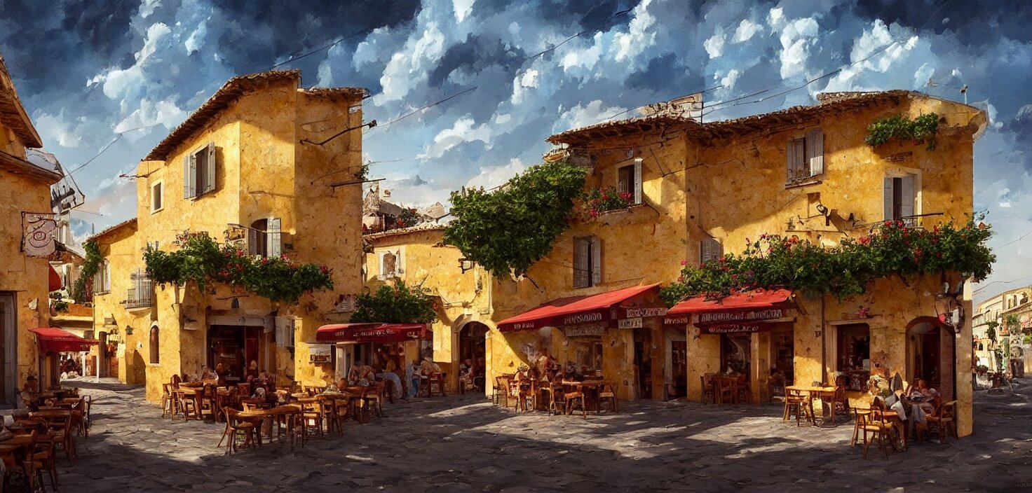 a traditional pizzeria in the street of a small village on the riviera. a terrace in the shade of a hundred - year - old olive, cinematic view, epic sky, detailed, concept art, low angle, high detail, warm lighting, volumetric, godrays, vivid, beautiful, trending on artstation, by jordan grimmer, huge scene, grass, art greg rutkowski 