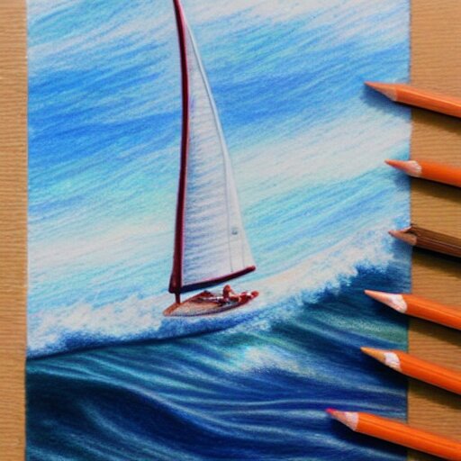  Colored pencil art on paper, Sailboat surfing the waves, highly detailed, artstation, MasterPiece, Award-Winning, Caran d'Ache Luminance