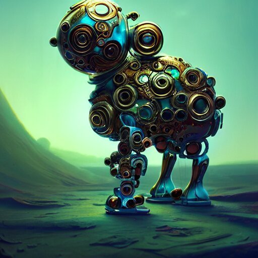 opalescent android cyborg animal in candyland, warm tones : by michal karcz, daniel merriam, victo ngai and guillermo del toro : ornate, dynamic, particulate, intricate, elegant, highly detailed, centered, artstation, smooth, sharp focus, octane render 