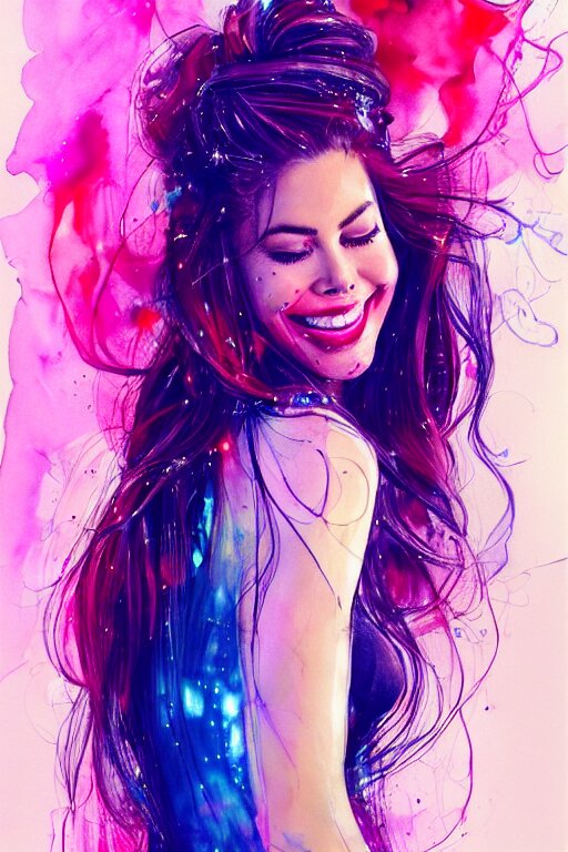 sexy lacivious shy smiling sophia vergara by agnes cecile enki bilal moebius, intricated details, 3 / 4 back view, hair styled in a bun, bend over posture, full body portrait, extremely luminous bright design, pastel colours, drips, autumn lights 