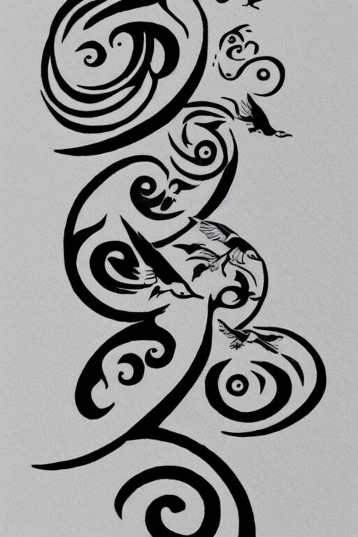 a simple tattoo design of birds flying in a 8 spiral, black ink, logo 