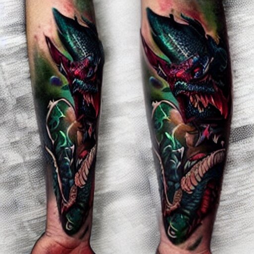 dark and vibrant fantasy dragon!!! drake wyvern, black and emerald dragon!!, forearm tattoo