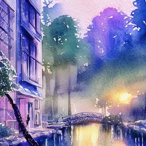 Beautiful happy picturesque charming sci-fi town in harmony with nature. Beautiful light. Water and plants. Nice colour scheme, soft warm colour. Beautiful detailed artistic watercolor by Vincent. (2022)