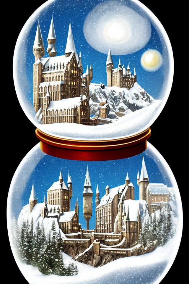 an achingly beautiful print of one snow globe with hogwarts inside by raphael, hopper, and rene magritte. detailed, proportional, romantic, vibrant, enchanting, trending on artstation 