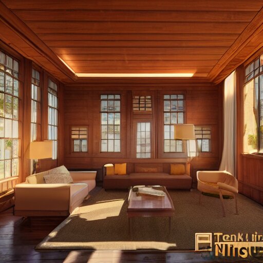 Peaceful wooden mansion, unreal engine 5 tech demo, zillow interior, golden hour, living room, cozy, Frank Lloyd Wright ((Studio Ghibli))