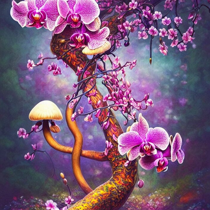 extremely psychedelic animal made of orchid and cherry blossom tree and mushroom, LSD, diffuse lighting, fantasy, intricate, elegant, highly detailed, lifelike, photorealistic, digital painting, artstation, illustration, concept art, smooth, sharp focus, art by John Collier and Albert Aublet and Krenz Cushart and Artem Demura and Alphonse Mucha