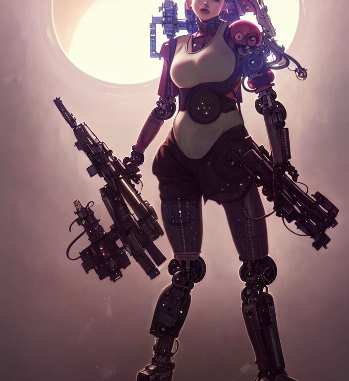 full body painting of chuu loona cyberpunk mercenary smiling and fighting a robot, ultra realistic, concept art, intricate details, eerie, highly detailed, photorealistic, octane render, 8 k, unreal engine. art by artgerm and greg rutkowski and magali villeneuve and alphonse mucha 