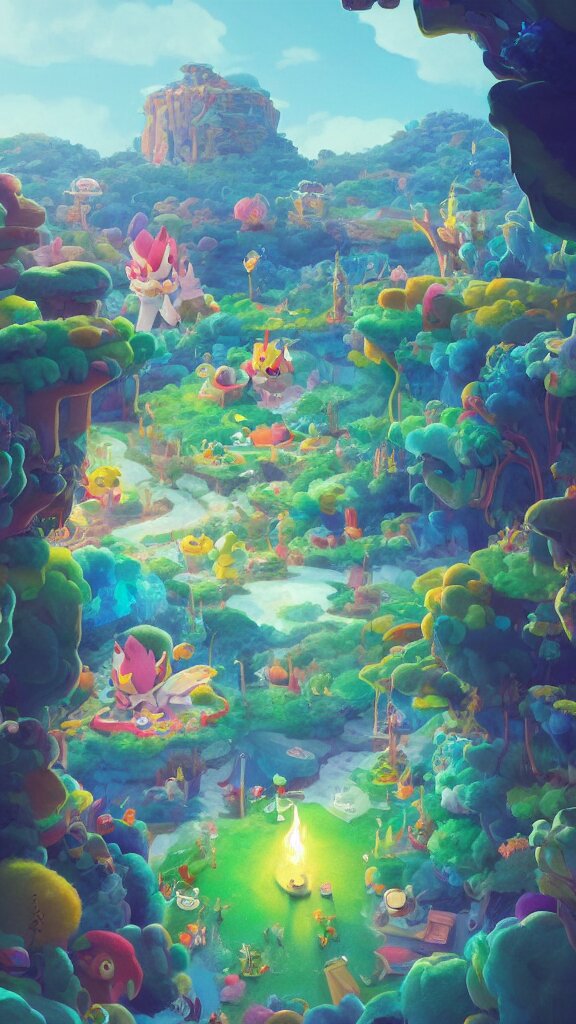 
magic background game design with miss pokemon woolly :: painting overlay by beeple by Raffaello Sanzi and Chao Teng Zhao :: centered,pixar and dremwork artstation, smooth, sharp focus, octane render, 3d rim light 
