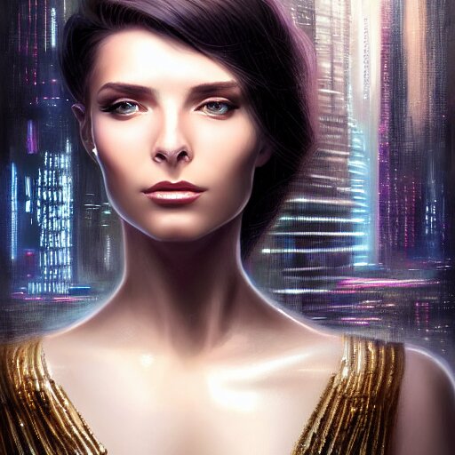 Facial portrait of a gorgeous cyberpunk girl, looking away from the camera, seductive smile, gold jewellery, elegant revealing intricate dress, sparkle in eyes, lips slightly parted, long flowing hair, no hands visible, diamonds, science fiction, delicate, teasing, arrogant, defiant, bored, mysterious, intricate, extremely detailed painting by Mark Brooks (and by Greg Rutkowski), visible brushstrokes, thick paint visible, no light reflecting off paint, vibrant colors, studio lighting