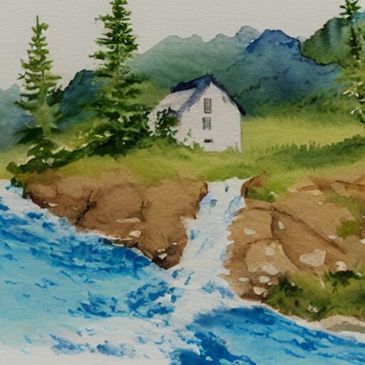 a watercolor painting of a cottage in the edge of a mountain near a waterfall