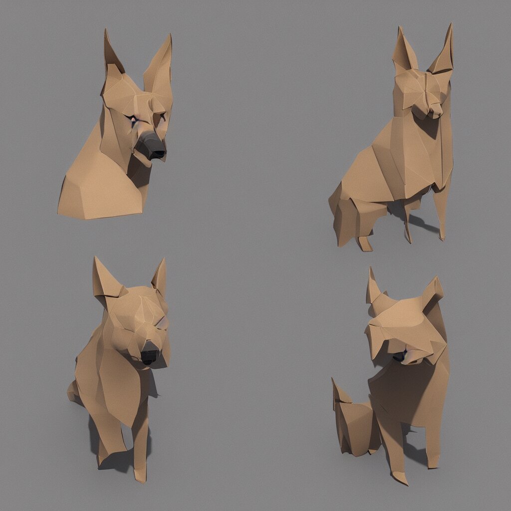 3 d rendering of japanese cardboard origami of simplified shape of german shepherd, 2 d image, trending on artstation 