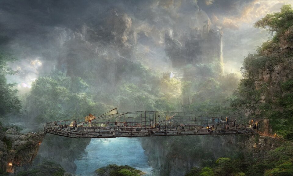 a suspension bridge leading to a small flying island in the sky with the ruins of a tower, stunning digital illustration, by james gurney, cinematic lighting, intense colors, beautiful composition, detailed, mystical, beautiful and mysterious 