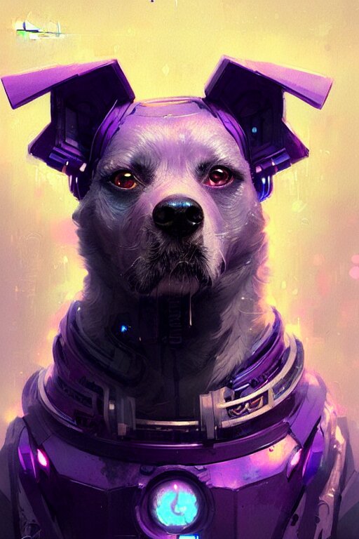 a beautiful portrait of a cute cyberpunk dog by greg rutkowski and wlop, purple blue color scheme, high key lighting, digital art, highly detailed, fine detail, intricate, ornate, complex 