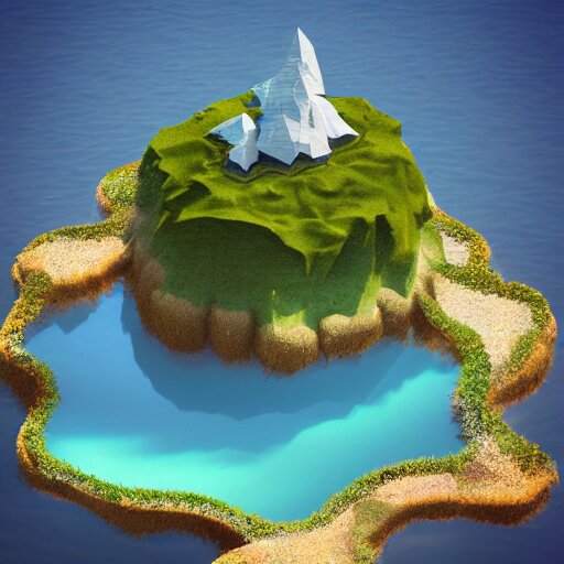 a floating island on an aquatic environment isometric art, lago de sorapis landscape, low poly art, game art, artstation, 3D render, high detail, cgsociety, octane render