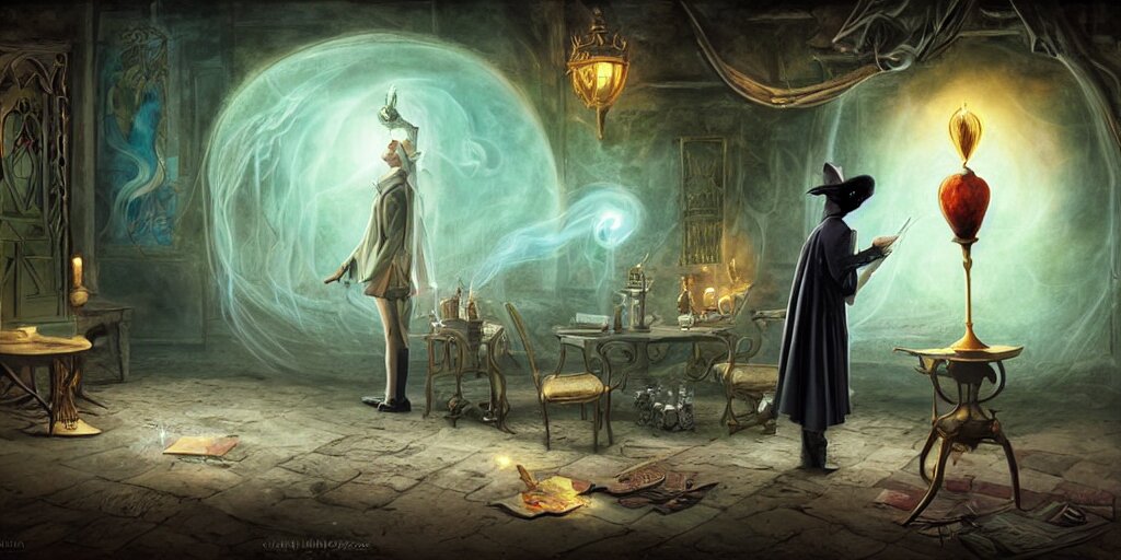 lonely aristocrat examining the mysteries of tarot cards on a magical blackboard, background is magical blackboard with chalk drawings of tarot cards,, fantasy art, matte painting, high quality, digital painting, artwork by tony sart 