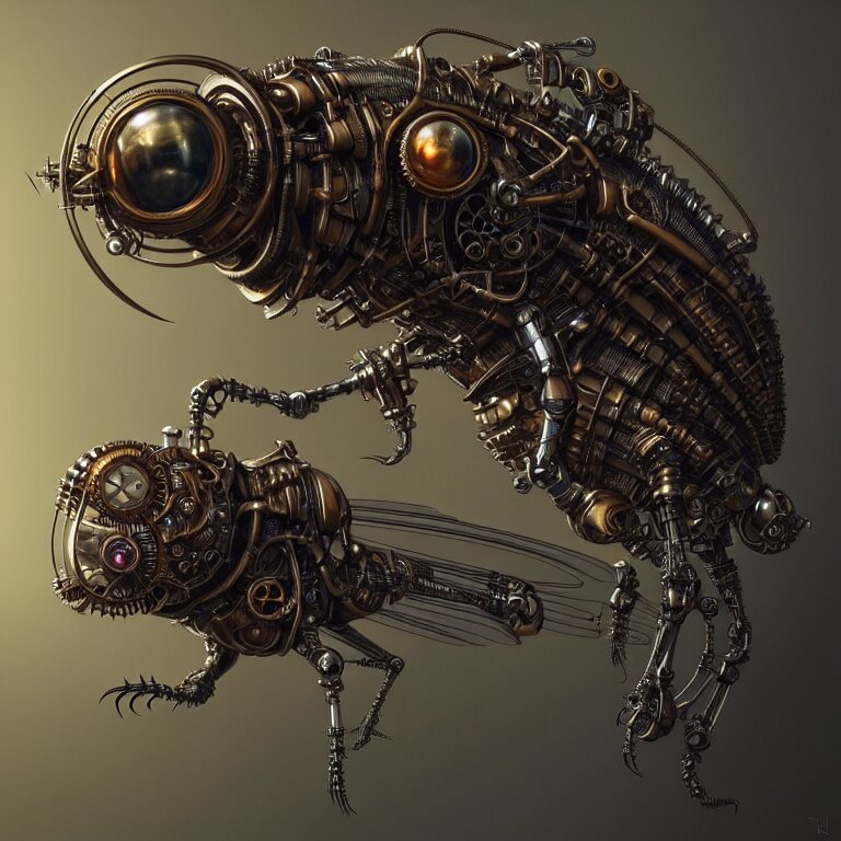 steampunk cybernetic biomechanical fly, 3 d model, unreal engine realistic render, 8 k, micro detail, intricate, elegant, highly detailed, centered, digital painting, artstation, smooth, sharp focus, illustration, artgerm, tomasz alen kopera, wlop 